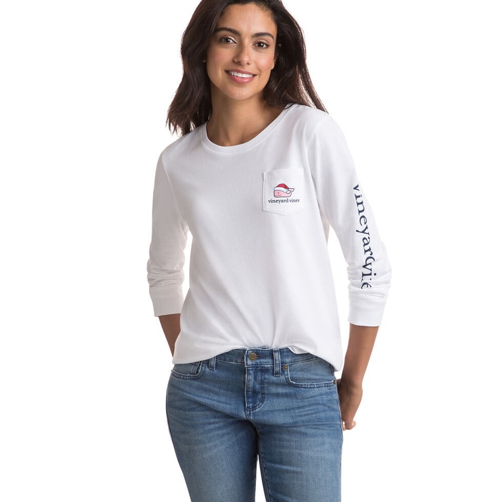EUC Vineyard Vines Long-Sleeve Santa Whale Pocket Tee Shirt Top Christmas XS